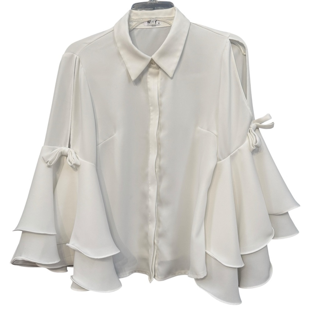 White Ruffle Sleeve Button-Front Blouse